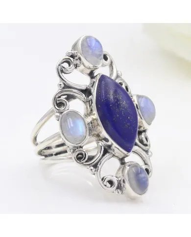 Lapis Lazuli & Rainbow Moonstone Ring – 925 Sterling Silver Handmade Jewelry