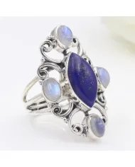 Lapis Lazuli & Rainbow Moonstone Ring – 925 Sterling Silver Handmade Jewelry