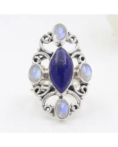 Lapis Lazuli & Rainbow Moonstone Ring – 925 Sterling Silver Handmade Jewelry