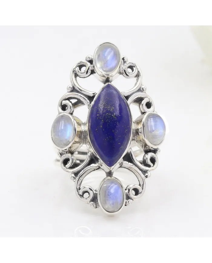 Lapis Lazuli & Rainbow Moonstone Ring – 925 Sterling Silver Handmade Jewelry