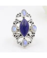 Lapis Lazuli & Rainbow Moonstone Ring – 925 Sterling Silver Handmade Jewelry