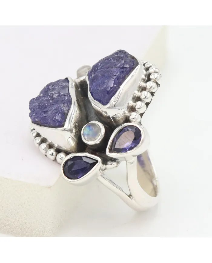 Raw Tanzanite Ring - 925 Sterling Silver Handmade Three Gemstone Jewelry