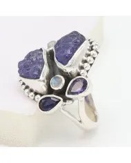 Raw Tanzanite Ring - 925 Sterling Silver Handmade Three Gemstone Jewelry