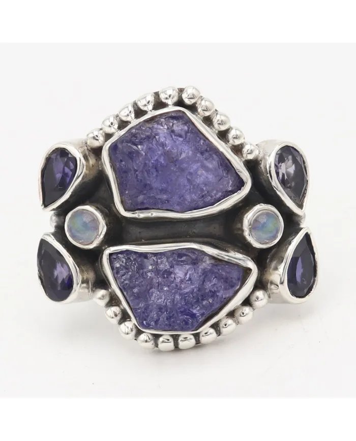 Raw Tanzanite Ring - 925 Sterling Silver Handmade Three Gemstone Jewelry