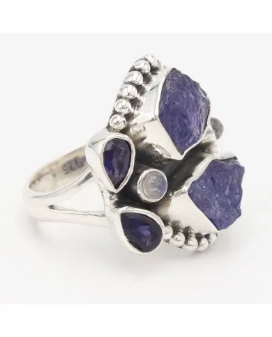 Raw Tanzanite Ring - 925 Sterling Silver Handmade Three Gemstone Jewelry
