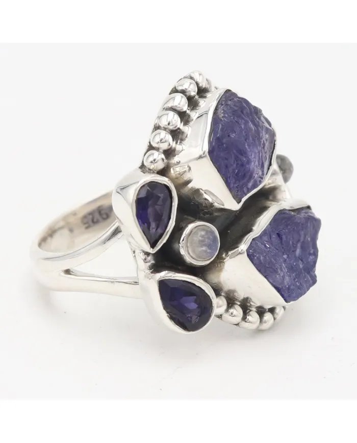 Raw Tanzanite Ring - 925 Sterling Silver Handmade Three Gemstone Jewelry