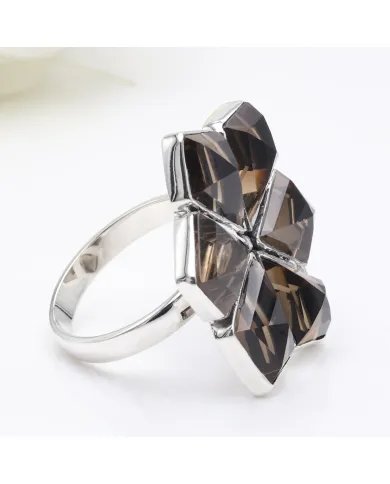 Smoky Quartz Flower Design Ring - 925 Sterling Silver Handmade Jewelry