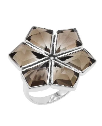 Smoky Quartz Flower Design Ring - 925 Sterling Silver Handmade Jewelry