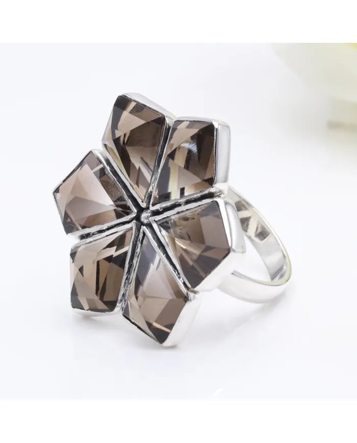 Smoky Quartz Flower Design Ring - 925 Sterling Silver Handmade Jewelry