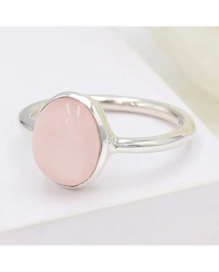 Natural Rose Quartz Ring - 925 Sterling Silver Solitaire Gemstone Jewelry