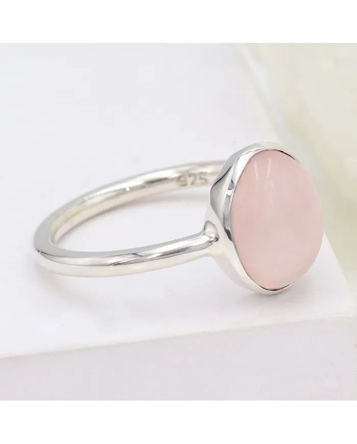 Natural Rose Quartz Ring - 925 Sterling Silver Solitaire Gemstone Jewelry