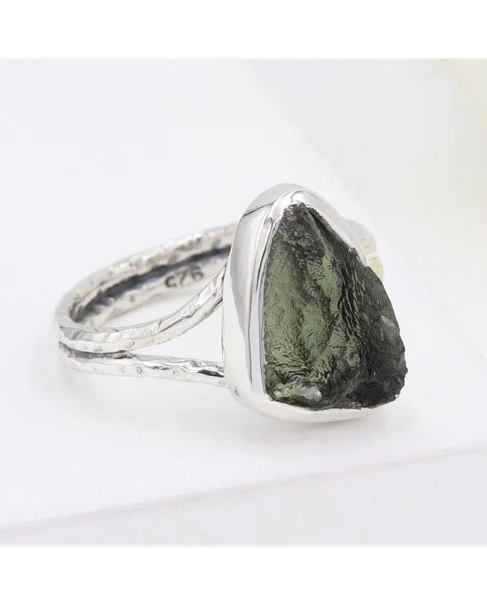 Raw Moldavite Ring – Handmade 925 Sterling Silver Gemstone Jewelry