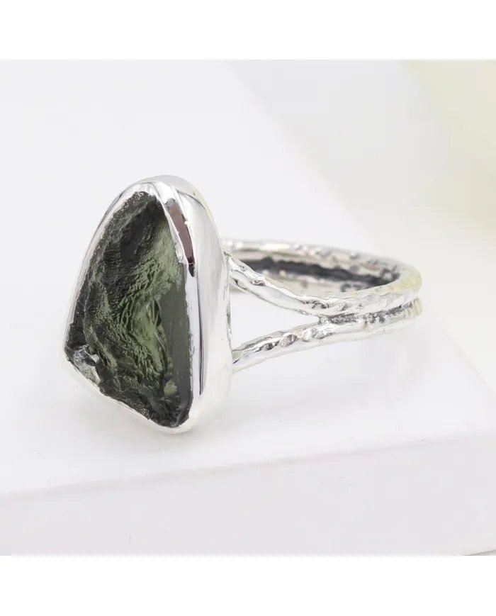 Raw Moldavite Ring – Handmade 925 Sterling Silver Gemstone Jewelry