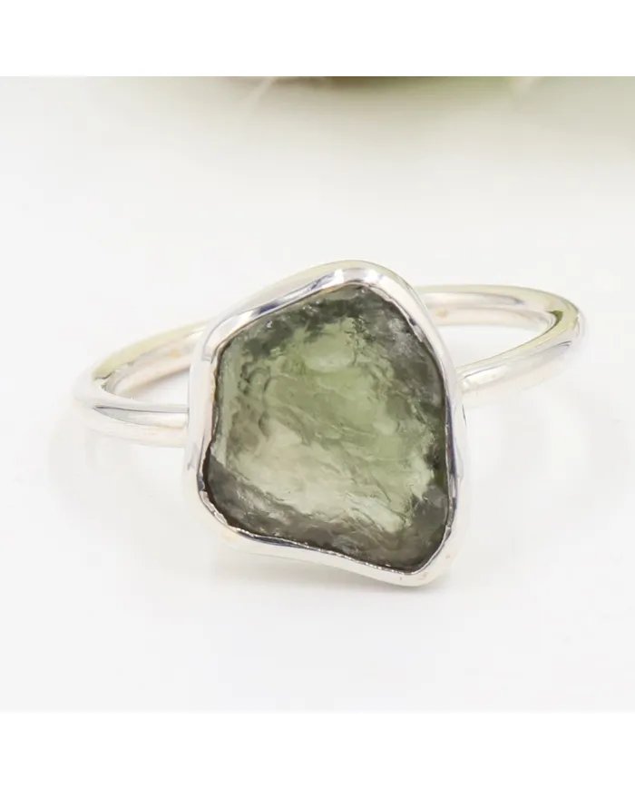 Raw Moldavite Tektite Ring - 925 Sterling Silver Handmade Jewelry