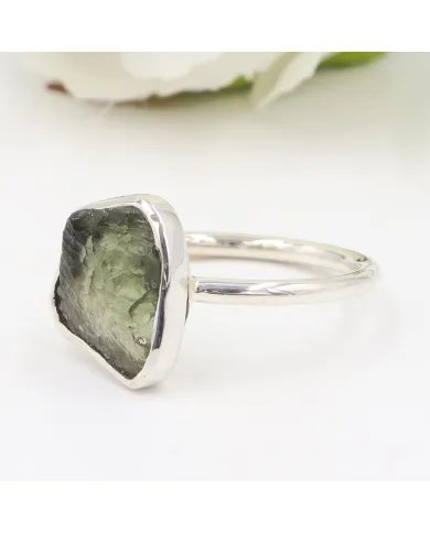 Raw Moldavite Tektite Ring - 925 Sterling Silver Handmade Jewelry