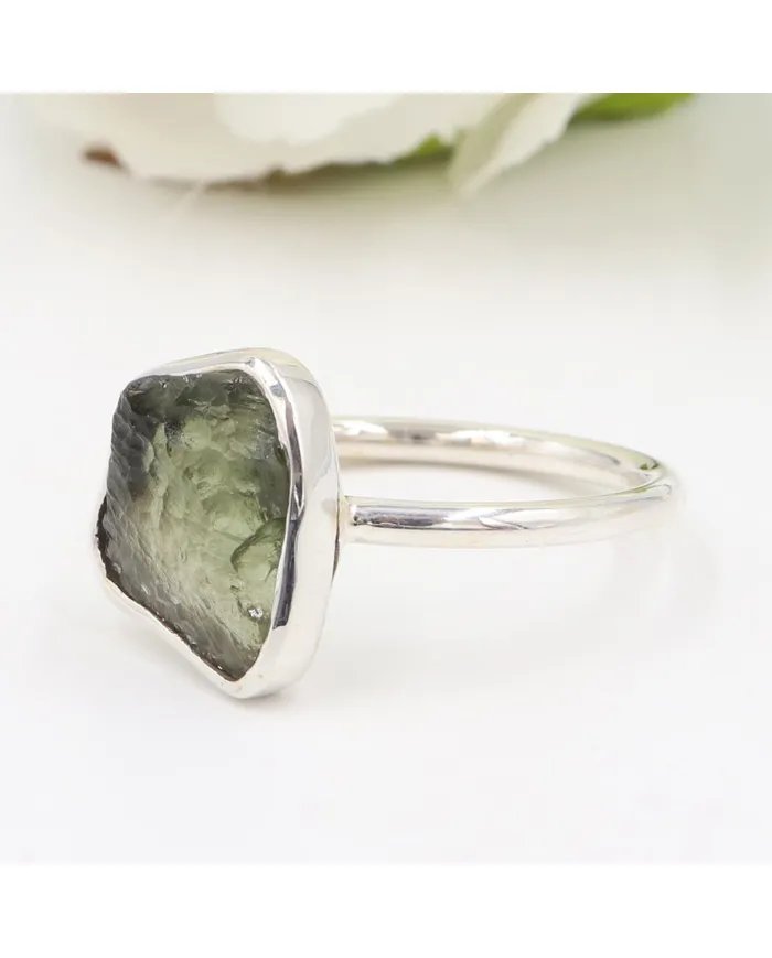 Raw Moldavite Tektite Ring - 925 Sterling Silver Handmade Jewelry