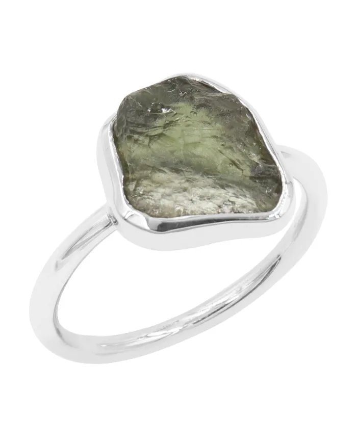 Raw Moldavite Tektite Ring - 925 Sterling Silver Handmade Jewelry