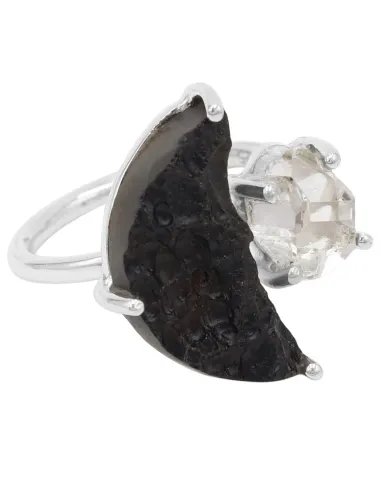 Raw Tektite Crescent Moon Ring with Herkimer Diamond in Sterling Silver