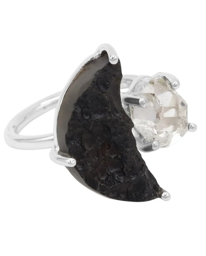 Raw Tektite Crescent Moon Ring with Herkimer Diamond in Sterling Silver