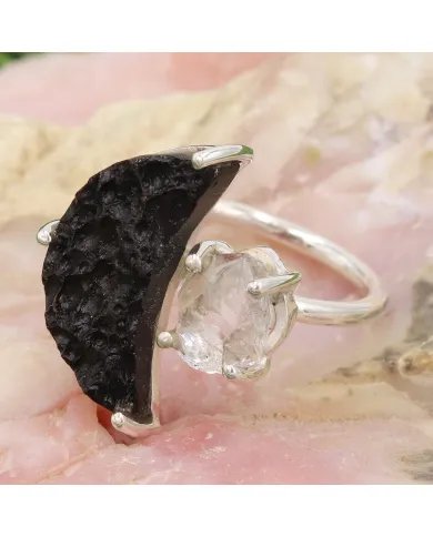 Raw Tektite Crescent Moon Ring with Herkimer Diamond in Sterling Silver