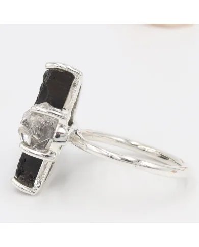Raw Tektite Crescent Moon Ring with Herkimer Diamond in Sterling Silver