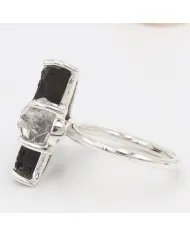 Raw Tektite Crescent Moon Ring with Herkimer Diamond in Sterling Silver