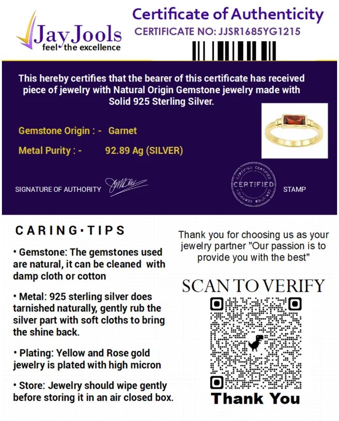 Garnet Ring - Gold Plated 925 Silver Handmade Solitaire Baguette Band