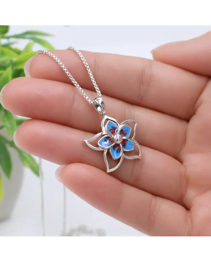 925 Sterling Silver Enamel Flower Pendant, Handmade Jewelry for Her