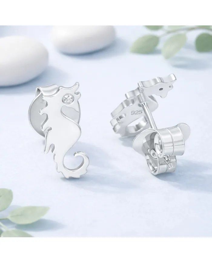 Moissanite Seahorse Stud Earrings - 925 Silver Sea-Inspired Jewelry