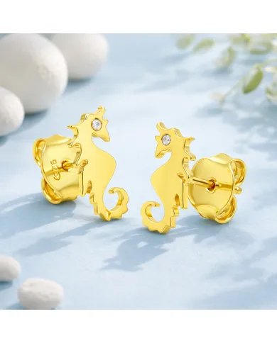 Moissanite Seahorse Stud Earrings - Gold Plated 925 Silver Sea-Inspired