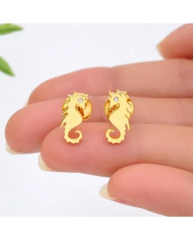 Moissanite Seahorse Stud Earrings - Gold Plated 925 Silver Sea-Inspired