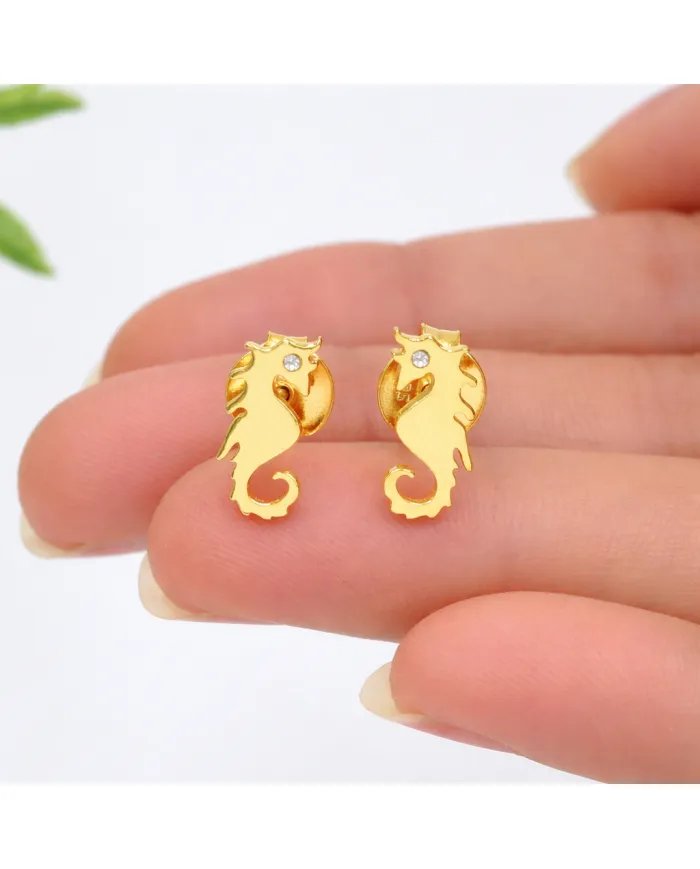 Moissanite Seahorse Stud Earrings - Gold Plated 925 Silver Sea-Inspired