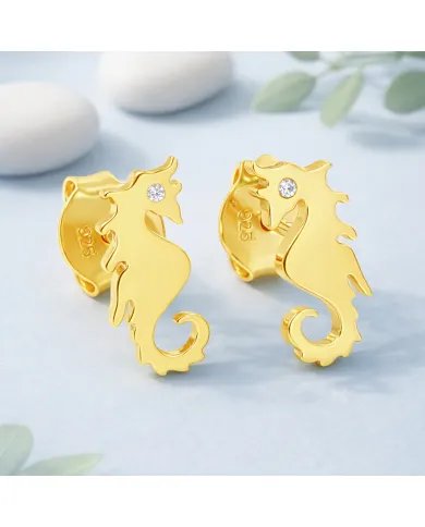 Moissanite Seahorse Stud Earrings - Gold Plated 925 Silver Sea-Inspired