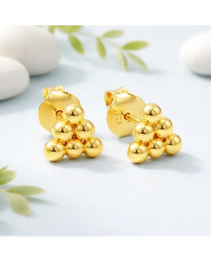 Gold Plated 925 Silver Beaded Pyramid Studs - Handmade Geometric Jewelry