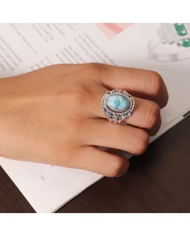 Natural Larimar Ring - Sterling Silver Statement Ring Healing Stone Ring for Women, Calm & Serenity Jewelry