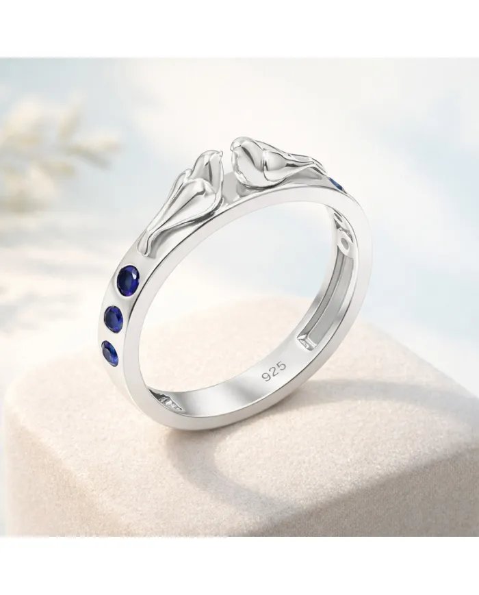 Love Birds Ring with Blue Sapphire Gemstone – 925 Silver Handmade Band