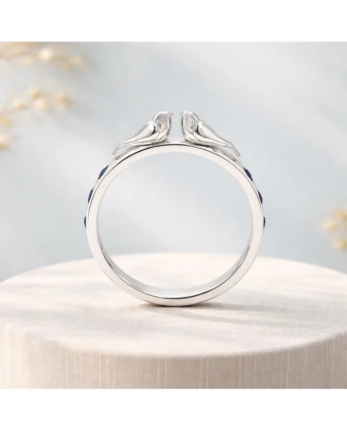Love Birds Ring with Blue Sapphire Gemstone – 925 Silver Handmade Band