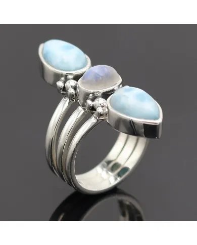 Larimar & Rainbow Moonstone Ring – Handmade 925 Sterling Silver Jewelry