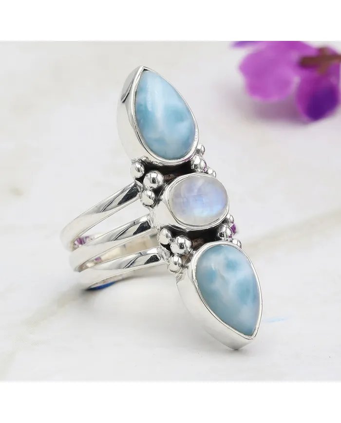 Larimar & Rainbow Moonstone Ring – Handmade 925 Sterling Silver Jewelry