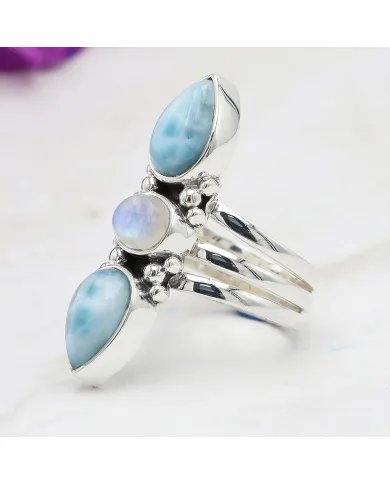 Larimar & Rainbow Moonstone Ring – Handmade 925 Sterling Silver Jewelry