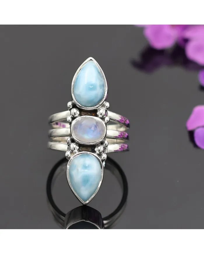 Larimar & Rainbow Moonstone Ring – Handmade 925 Sterling Silver Jewelry