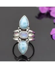 Larimar & Rainbow Moonstone Ring – Handmade 925 Sterling Silver Jewelry