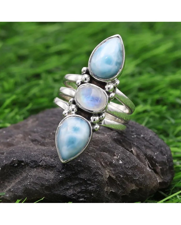 Larimar & Rainbow Moonstone Ring – Handmade 925 Sterling Silver Jewelry