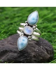 Larimar & Rainbow Moonstone Ring – Handmade 925 Sterling Silver Jewelry