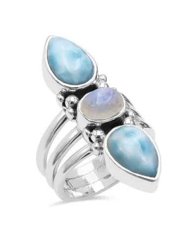 Larimar & Rainbow Moonstone Ring – Handmade 925 Sterling Silver Jewelry