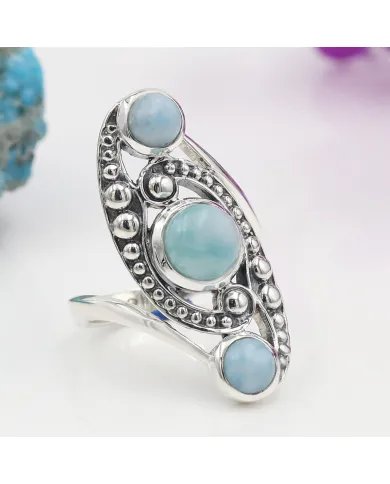 Natural Larimar Boho Ring - Handmade 925 Sterling Silver Statement