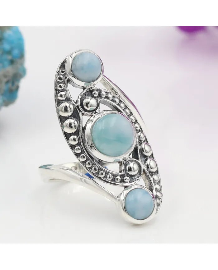 Natural Larimar Boho Ring - Handmade 925 Sterling Silver Statement
