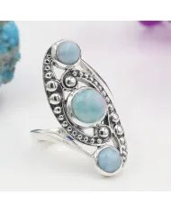 Natural Larimar Boho Ring - Handmade 925 Sterling Silver Statement
