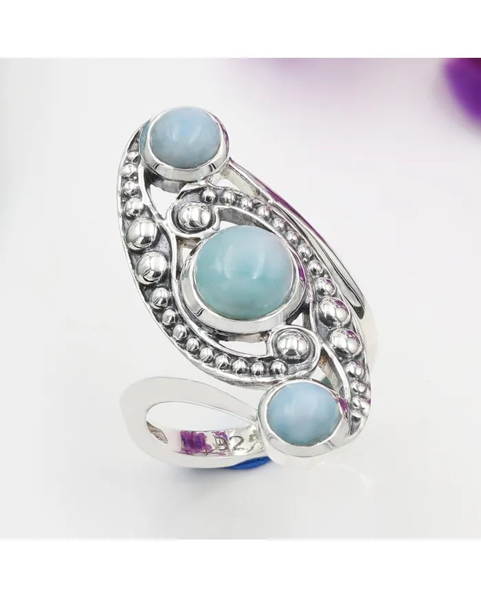 Natural Larimar Boho Ring - Handmade 925 Sterling Silver Statement