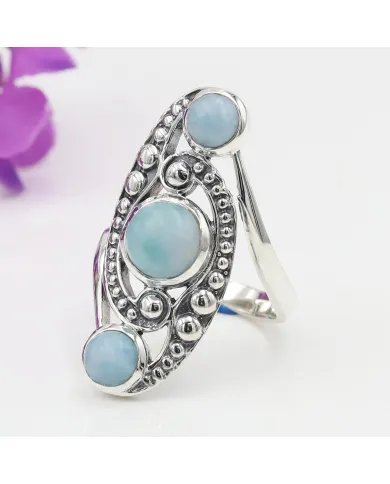 Natural Larimar Boho Ring - Handmade 925 Sterling Silver Statement